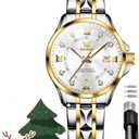 OLEVS Women's Watches Luxury Fashion Diamond Classic Arabic Dial Wrist Watch for Women with Date Waterproof Stainless Steel Quartz Ladies Watch (2906 Gold Silver White Face)