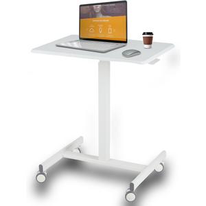 Mobile Laptop Standing Desk- Overbed Table, Adjustable Height Desk Stand Up Desk Small Rolling Sit Stand Desk, Teacher Podium with Wheels, White