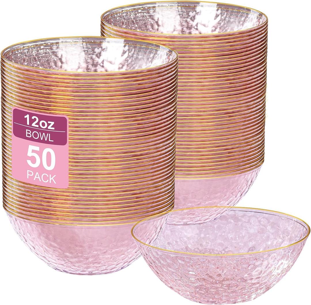 I00000 50 Pack 12 Ounce Pink Plastic Bowls Serving Bowls Hammered Clear Bowl with Gold Rimmed, Heavy Duty Disposable Bowl Set,Small Bowls for Wedding Party