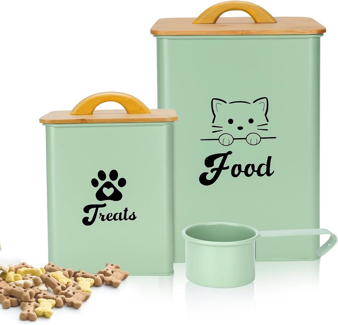 Cat Food Storage Container with Scoop, 2PCS Cat Food Storage Container with Lids Airtight, Cat Treat Jars for Kitchen Counter-7+3Lbs, Cat Cookie Jar for Storage,Saga Green