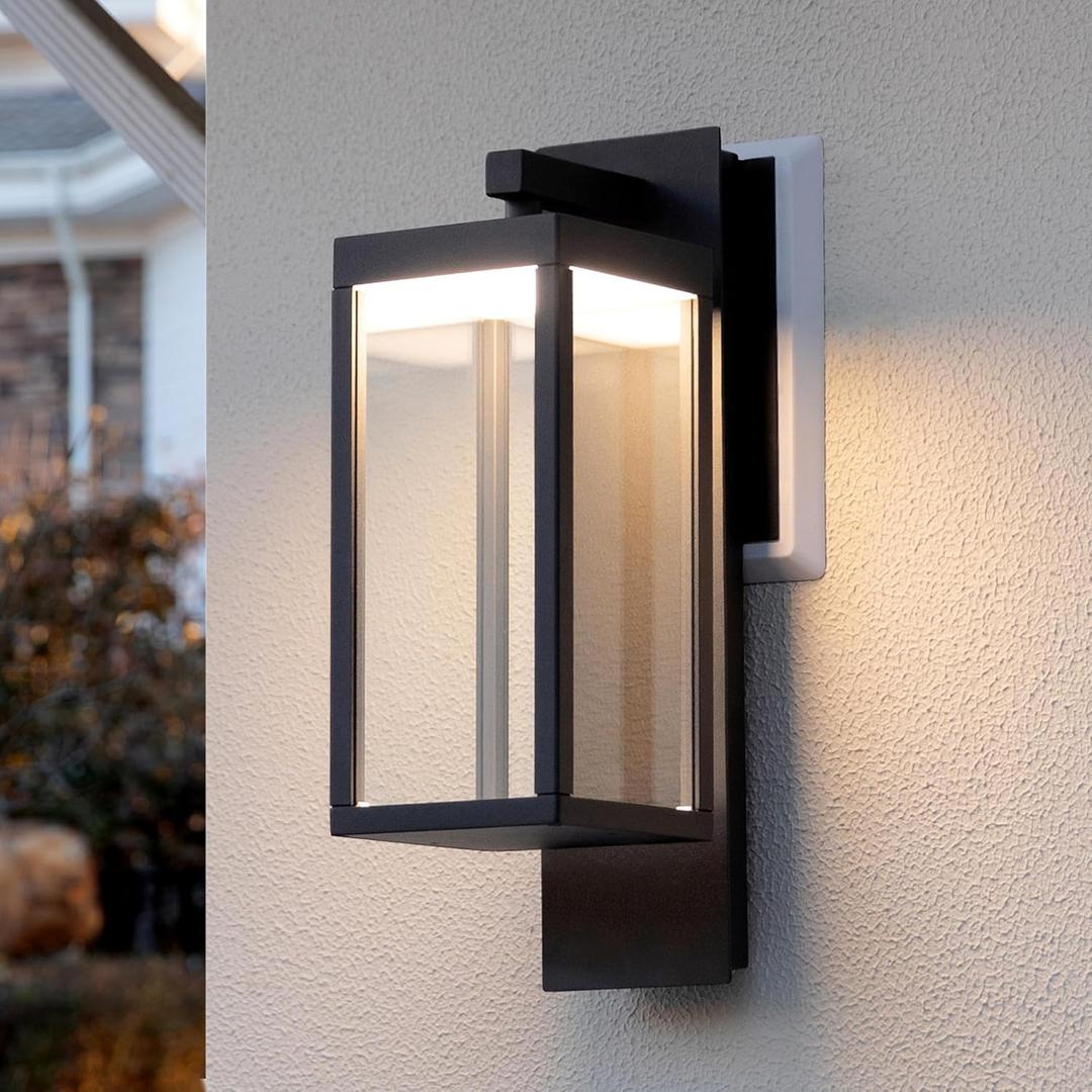 LED Outdoor Wall Sconce Modern Porch Light Outdoor Wall Mount Lantern Waterproof Exterior Light Fixture with Clear Glass Shade, Aluminum Black OutsideLamps for Front Door