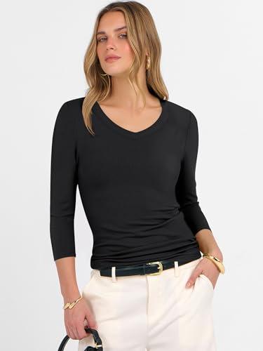ANRABESS Long Sleeve Shirts for Women V Neck Ribbed Knit Fitted Fall Basic Tshirts Going Out Tops S
