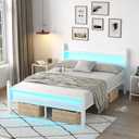Full Bed Frame with Headboard and Footboard,Heavy Duty Steel Slats Support Metal Bed Frame with Charging Station,White