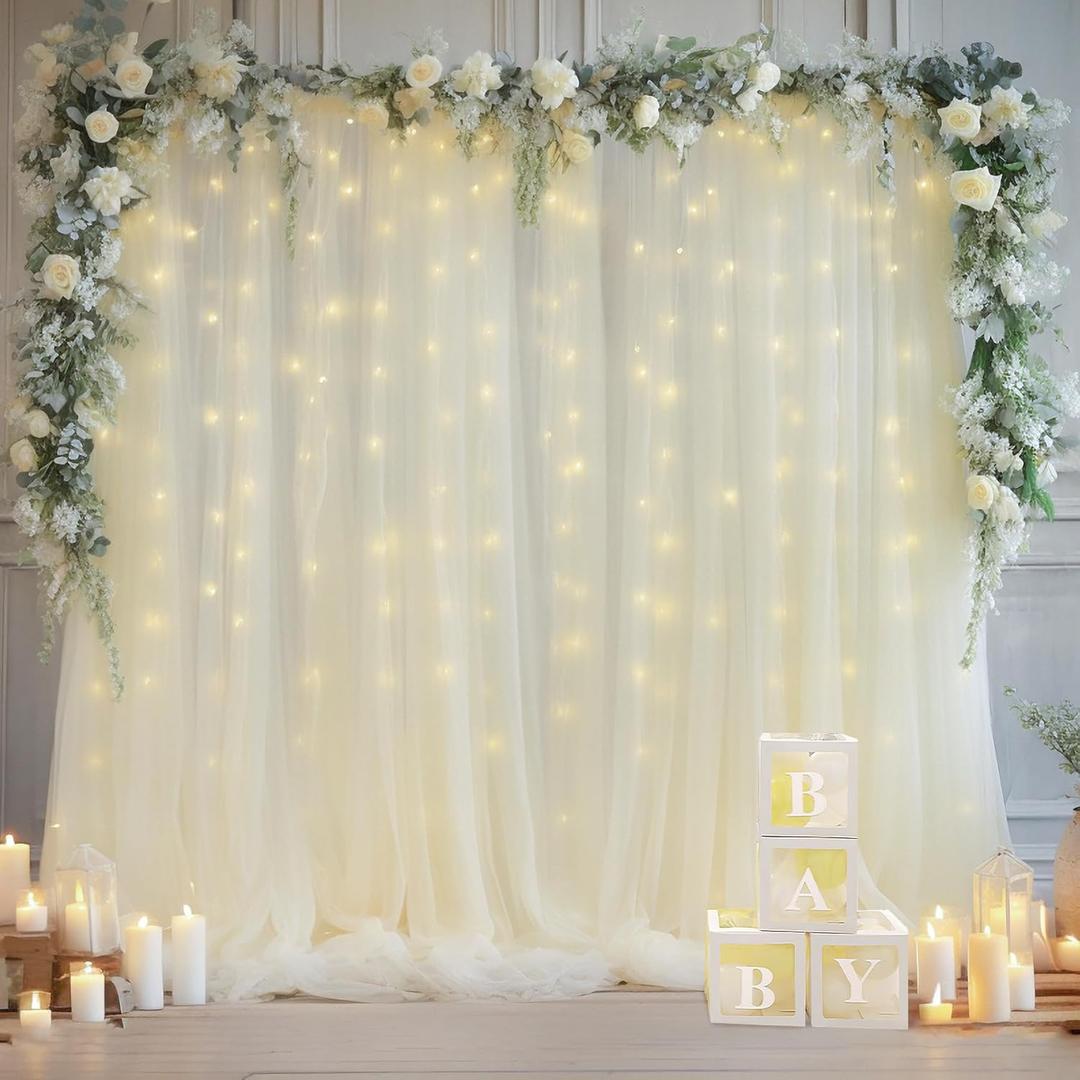 1010ft Cream White Tulle Backdrop Curtain with Lights String for Parites, Sheer Photo Curtain Backdrop Drapes for Wedding Party Photography Backgrounds (10ftx10ft, Ivory)