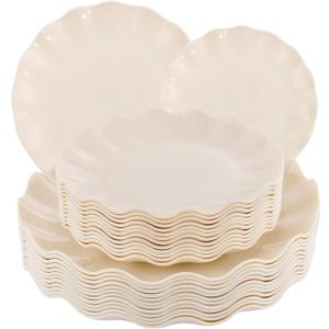 LIYH 24 Pcs Plastic Plates Reusable,Unbreakable Dinner Plates, Scalloped Plastic Plates, Dishwasher Safe,Ivory Plate Sets Perfect for Parties, Birthday, Picnics, BPA Free(12Guests)