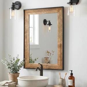 Rustic Solid Wood Wall Mirror 36x24 Inch, Vintage Wood Framed Wall Mirror for Bathroom Over Sink, Living Room, Hallway & Entryway, Farmhouse Style Decorative Mirror (Black)