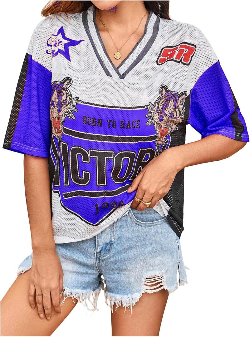 Women's Number Print Mesh Jersey Shirt Color Block V Neck Short Sleeve Football T-Shirt (Blue, L)