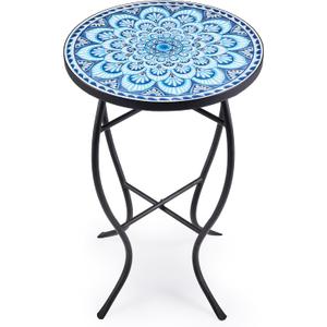 VONLUCE Mosaic Side Table and Plant Stand, 21" Round End Table with 14" Ceramic Tile Top, Indoor & Outdoor Accent Table, Porch Patio Furniture, Entryway & Coffee Table for Home & Garden, Blue Mandala