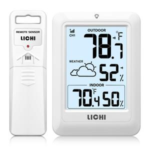 Lichi Indoor Outdoor Thermometer Wireless Weather Station, Internal External Thermometer Hygrometer, Home Battery operated Temperature Humiditymonitors330 Feet (About 100 Meters) Backlight Display (White)
