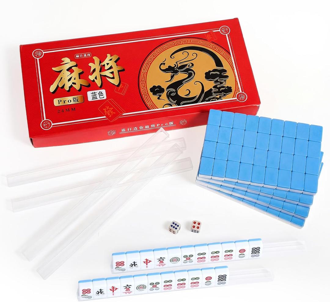 Miniature Chinese Mahjong Game Set 144 Standard Mini-Tiles Board Game Portable Travel with Traveler Size Carrying Case Dices Clear Holder for Outdoor Gift Enthusiast Family (Blue)