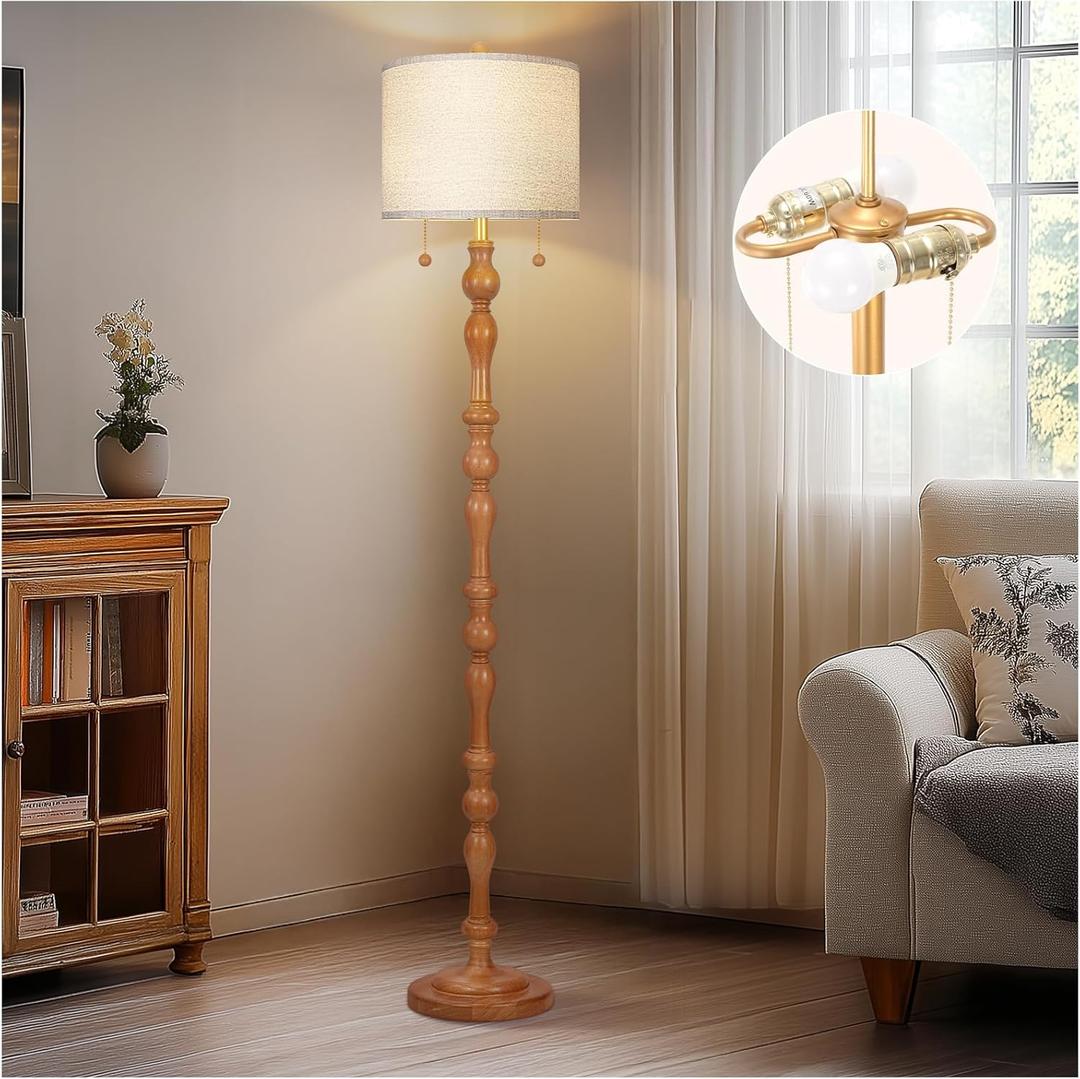 65.5" Natural Real Wood Floor Lamp with S Cluster Pull Chains Dual Switch,Wood Base Tall Lamp,Farmhouse Standing Lamp for Living Room,with Linen Shade,Floor Lamp for Living Room,Bedroom(Bulb Included) (Brown)