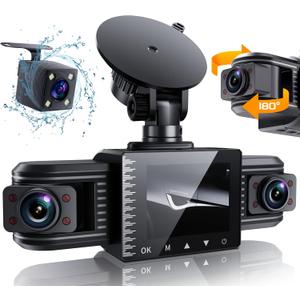 iiwey T1-pro Dash Cam Front and Rear Inside 3 Channel 1080P, Adjustable Lens Dash Camera for Cars with 8 IR Lamps Night Vision, Three Ways Triple Car Camera, Loop Recording, G-Sensor, Parking Monitor