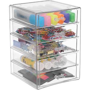 BTSKY Clear Acrylic Storage Organizer with Drawers, 5-Layer Desktop Organizer for Office Essentials, Multi-Purpose Stackable Container for Bathroom Vanity, Desk Makeup Jewelry Container Storage Box