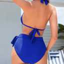 Women Modest Tummy Control Bikini Set High Waisted Ruched Bathing Suit Halter Tie Side Swimsuit (Blue, S)