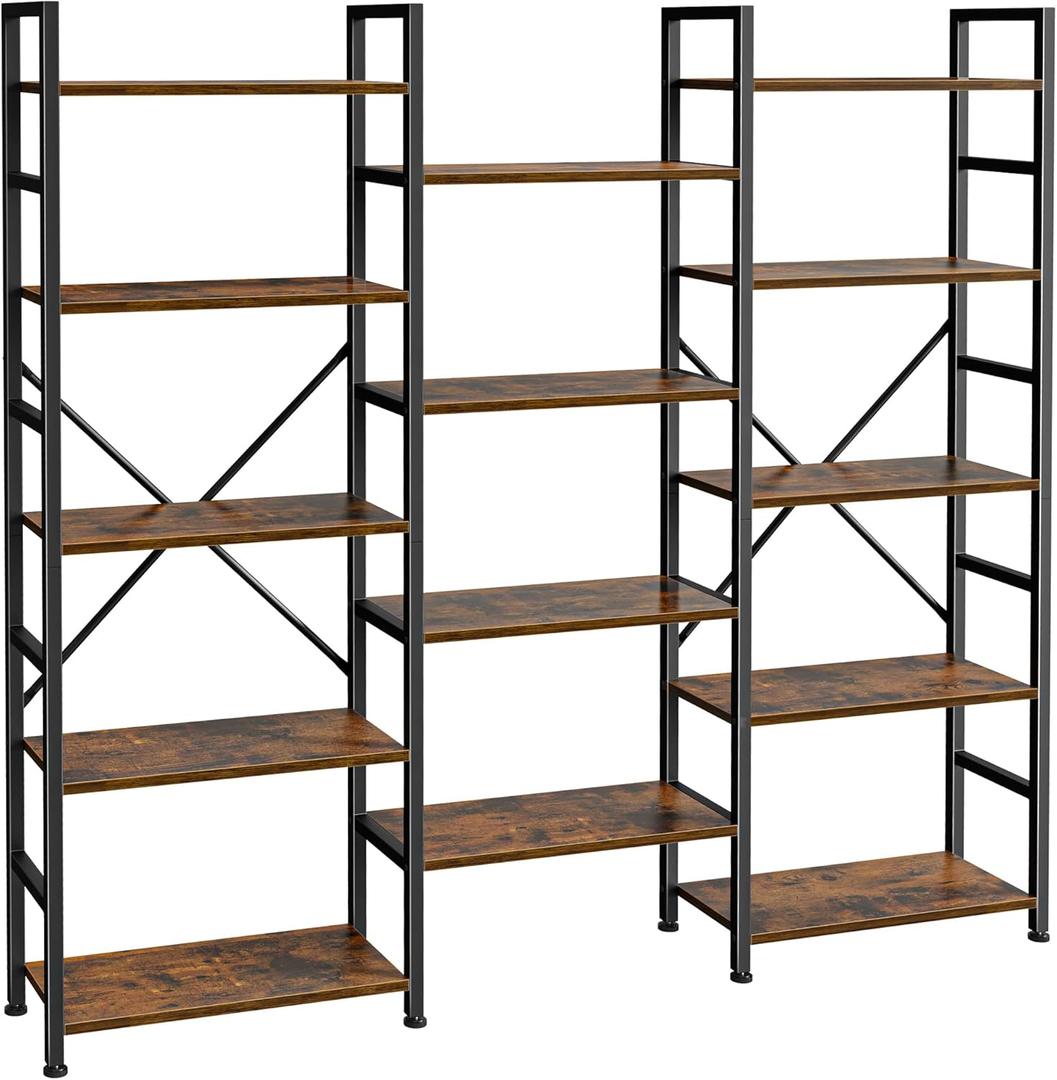 SUPERJARE Triple Bookshelf, Bookcase with 11 Open Display Shelves, Wide Book Shelf Book Case for Home & Office, 5 Tier, Rustic Brown