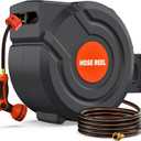 100FT Retractable Garden Hose Reel 5/8 Inch Heavy Duty Wall Mounted Retractable Hose Reel with 9-Pattern Nozzle, 180° Swivel Auto Rewind, Any Length Lock Water Hose Reel for Yard Garden Car Washing