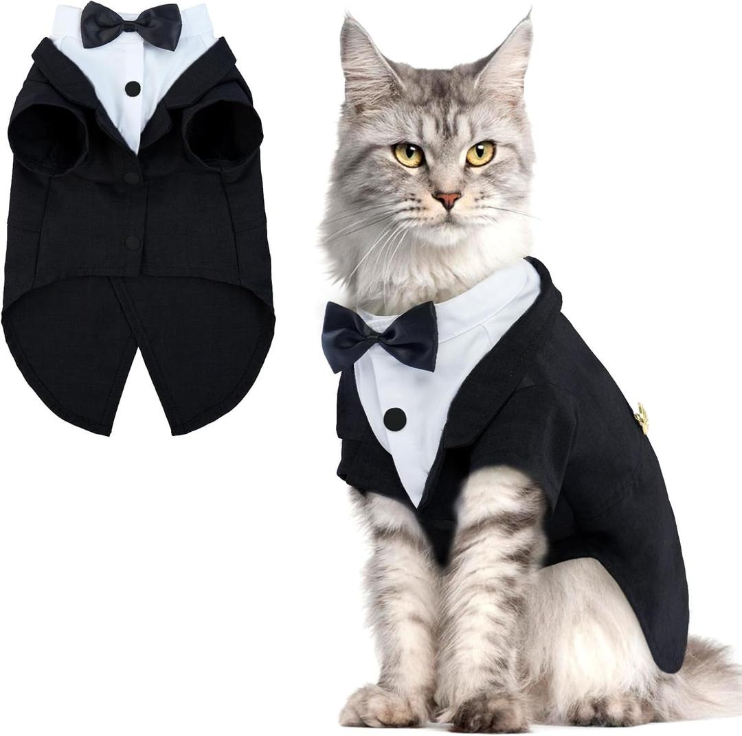 QBLEEV Cat Tuxedo Suit, Cat Halloween Costumes for Cats Only, Sphynx Cat Tuxedo Outfit Costume with Bow Tie, Kitten Formal Attire Wedding Birthday Onesie Clothes for Male Girl Hairless Cats (Medium, Black)