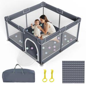 Grobeybees Baby Playpen with Mat, Playpen for Babies and Toddlers, Large Baby Play Pen with Pad, Playard with Bag, Indoor & Outdoor Play Pen, Sturdy Safety Play Yard with Soft Breathable Mesh (Grey)