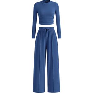 PRETTYGARDEN Women's 2 Piece Sets 2026 Fall Long Sleeve Crop Tops Wide Leg Pants Matching Outfit Tracksuits Spring Clothes, Size XL