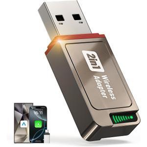 2-in-1 Wireless CarPlay Adapter Support Apple CarPlay & Android Auto, Mini Bluetooth USB A & USB C Dongle Convert Wired to Wireless Compatible with iPhone & Android