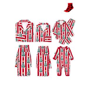 Family Matching Women Christmas Pajamas: Button Down Red Stripes and Christmas Tree Patterned PJS for Family Reunion Christmas Party Take Photos Gift for Couples - Women Large