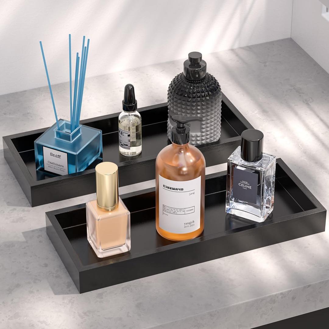 ZHWS Black Bathroom Vanity Tray for Countertop Decor Perfume Jewelry Toiletries, Toilet Tank Tray for Candle Bamboo Kitchen Tray for Soap Dispenser Spice Coffee Set of 2 11.3L x 4.4W x 1.14H (2 Pack 11.3 x 4.4 x 1.14 inch)