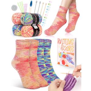 Katech Beginner Knitting Kit for Adults, 4 Pcs Socks Yarn Knitting Kit with Step by Step Instruction and 4 Knitting Needles, Knitting Starter Kit for Learn to Knit Craft Kits Gift