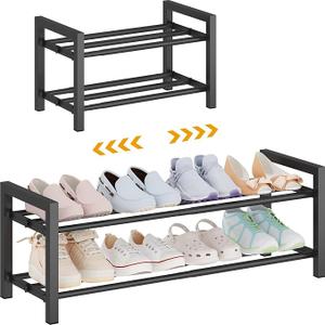 Detsuk 2Tier Expandable Shoe Rack (17.5-30.7") Adjustable Heavy-duty Metal Shoe Organizer Shelf For Closet, Entry Way, Mudroom, and Garage. Durable Freestanding Storage, Black