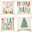 Merry Bright Christmas Pillow Covers Colorful Holiday Holly Jolly Set of 4 Winter Decorative Throw Pillow Covers Cushion Case for Home Sofa Bed Chair (18" L x 18" W)