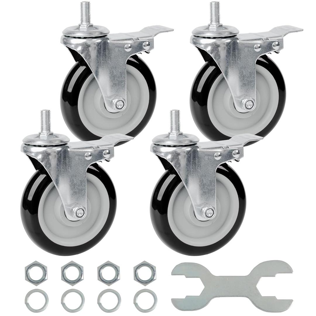 Finnhomy Swivel Caster Wheels 5 Inch Threaded Stem Casters Set of 4 Heavy Duty 1/2"-13 x 1 with Brake Polyurethane Industrial Locking Castors Wheels for Cart/Furniture 2200 Lb Smooth Casters Black