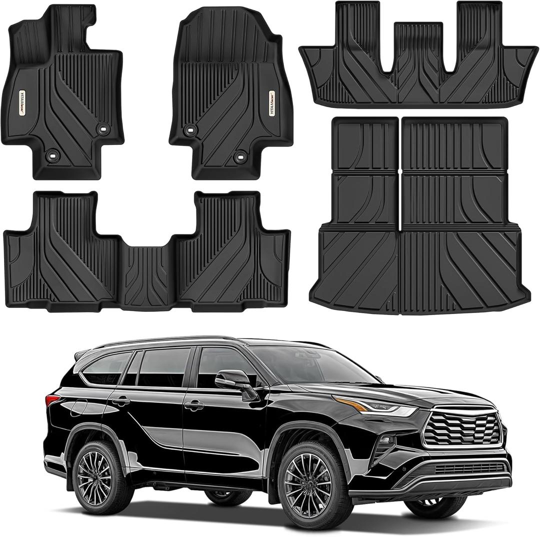 YITAMOTOR Upgraded Floor Mats Fit for Toyota Grand Highlander 2024-2025 7 Seats with Subwoofer (Include Hybrid), Custom Fit 3 Row Cargo & Liner Set, All-Weather TPE Full Set Trunk Mats, Black