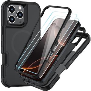 2 x SunStory Magnetic for iPhone 16 Pro Case with HD Screen Protector, Compatible with MagSafe, 3-Layer Heavy Duty Full-Body Cover, 3 in 1 Hybrid Protective Case for iPhone 16 Pro 6.3",Black
