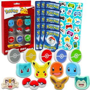 Pokemon Party Favor Set - Bundle with 15 Erasers Featuring Pokeball, Charmander, Bulbasaur, More Plus Trading Cards, Stickers | Pokemon Party Supplies Kit for Kids, Boys, Girls