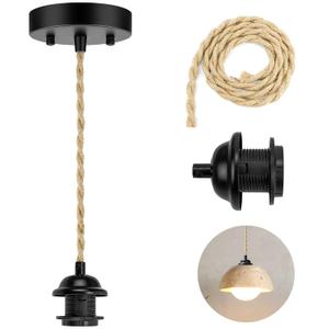 Hemp Rope Pendant Light Kit, Upgraded UL E26/E27 Boho Pendant Light Cord Kit Rope with Adjustable Length, Vintage Black Mini Hemp Cord Pendant Light, Hanging Light Kit for Kitchen, Farmhouse