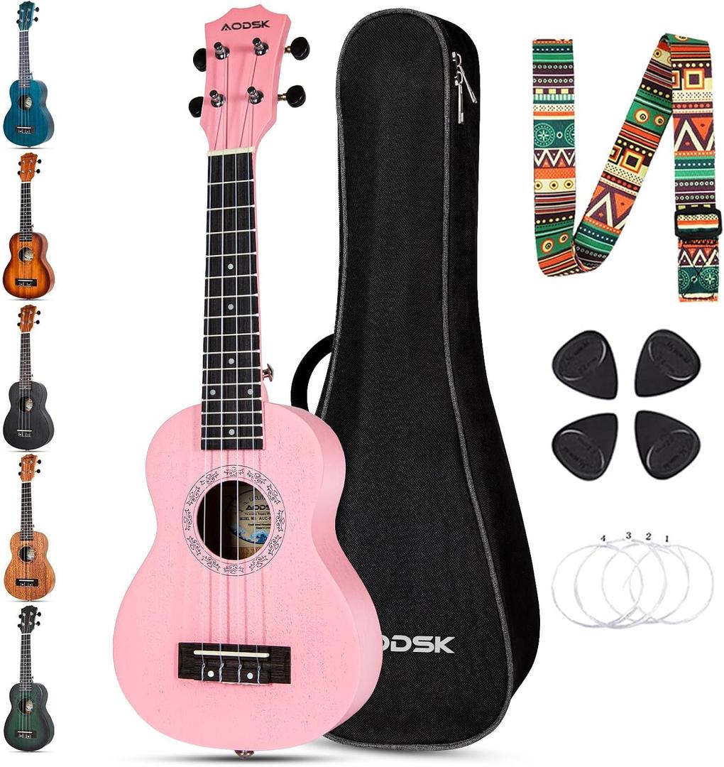 AODSK 23 Inch Concert Ukulele for Beginners, Black Sapele Uke with Gig Bag, Strap, Strings & Picks (Pink)