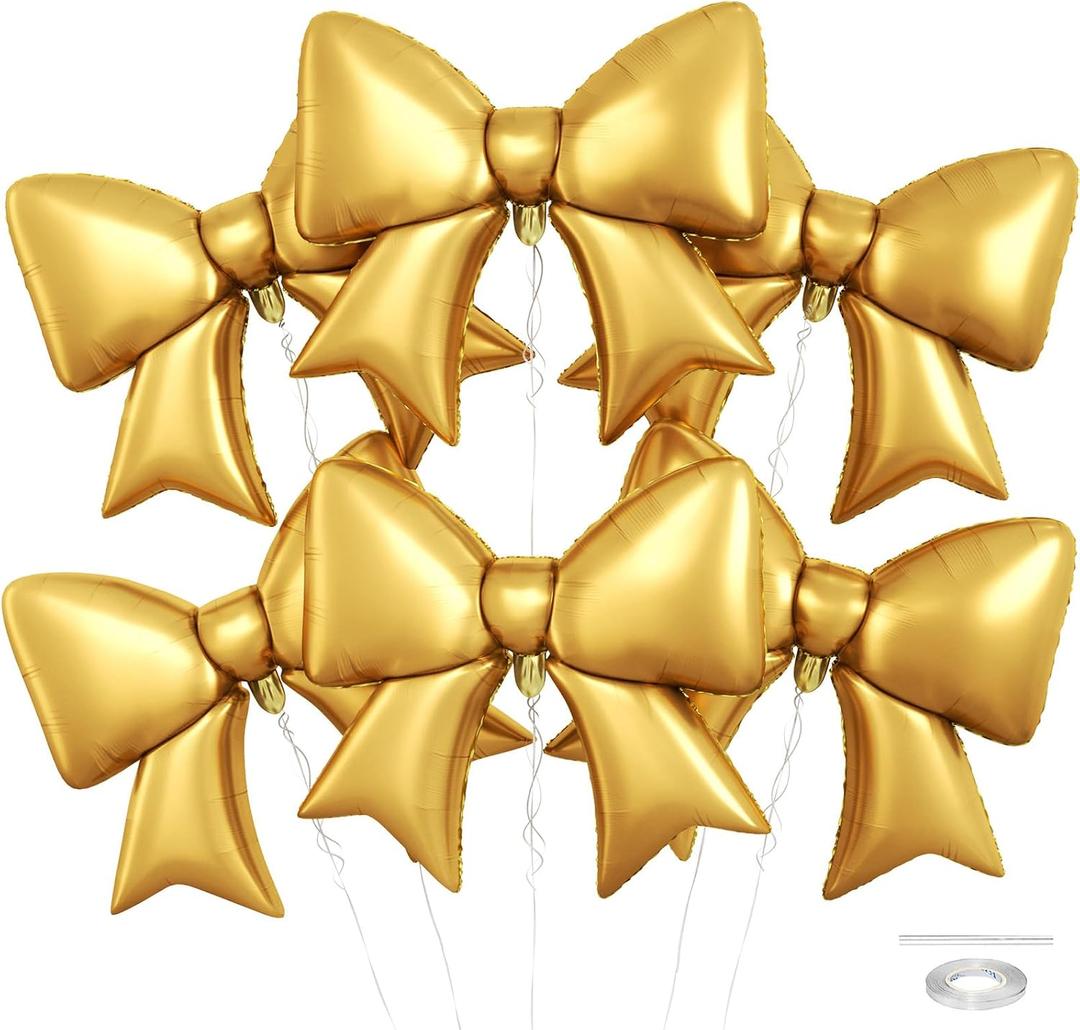 6PCS Gold Bow Balloons, 38 Inch Bow Foil Balloon, Large Elegant Gold Metallic Helium Balloons, for Girls Women Birthday Wedding Proposal Valentines Day Christmas Holiday Baby Shower Party Decoration