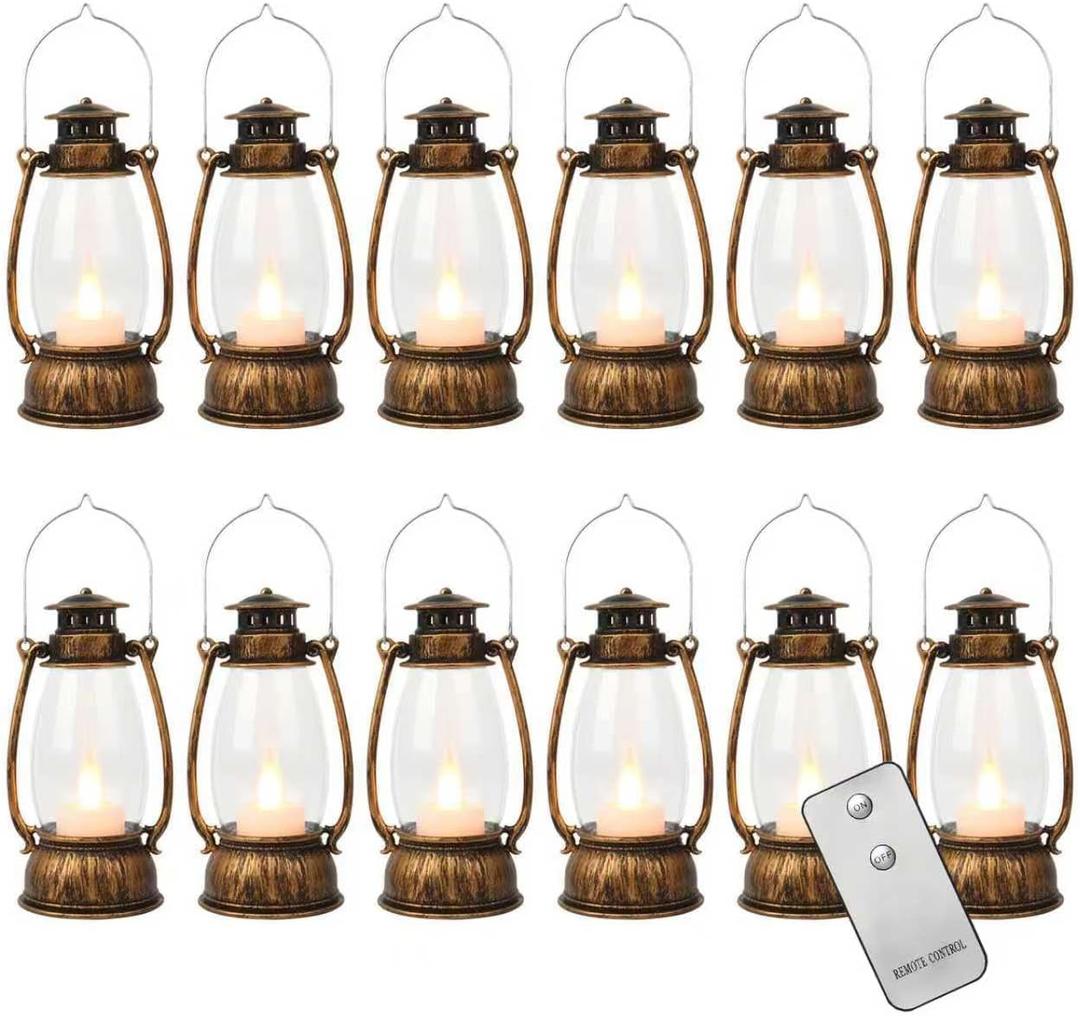 12PCS Bronze Mini Lanterns with Remote Control, 5.1" H/13cm Small Vintage Western Lanterns for Christmas Table Centerpieces, Halloween/Camping Party Decorations, Indoor Hanging & Table