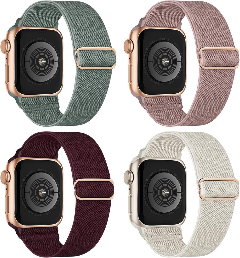 4 Pack Stretchy Solo Loop Compatible with Apple Watch Band 38mm 40mm 41mm 42mm 44mm 45mm 46mm 49mm Women Men, Sport Nylon Elastic Straps Braided Wristbands for iWatch Series 10 9 8 7 6 5 4 3 Ultra SE (Starlight/Pink/Cactus/Wine)