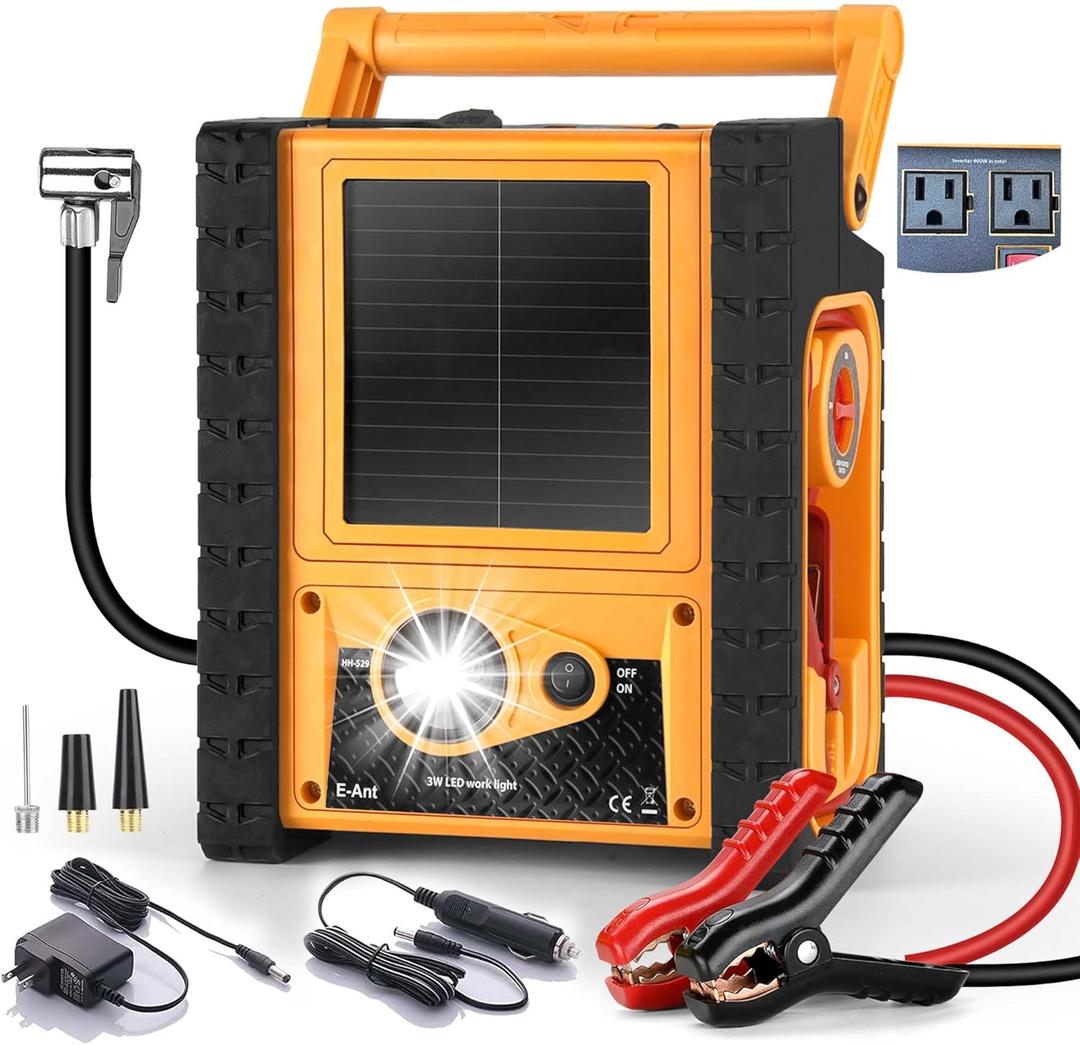 E-Ant 2000A Peak Car Jump Starter with Air Compressor, 260 PSI Portable Air Compressor Tire Inflator, Heavy Duty 12V Jump Box Battery Charger Booster for Truck with 400W Power Inverter, Flashlights