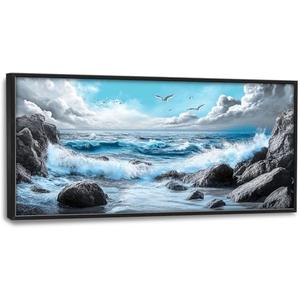 Extra Large Framed Abstract Sea Ocean Wall Art,Black and White Wall Decor, Coastal Seashore Pictures for Living Room,Canvas Print Painting Modern Artwork Bedroom Office Bathroom 60L x 30W