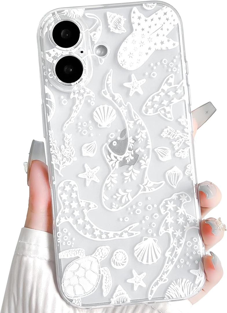 NITITOP Compatible with iPhone 16 Plus Case Clear Cute Shell Whale Sea Ocean Animal Pattern for Women Girls Full Camera Lens Slim Shockproof Protective Phone Cover - White Turtle