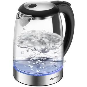 Cosori Electric Kettle, No Plastic Filter & Spout, 1.8Qt Tea Kettle & Hot Water Boiler For Coffee & Tea, Water Heater & Teapot, Automatic Shut Off, Borosilicate glass, Black, 1500W