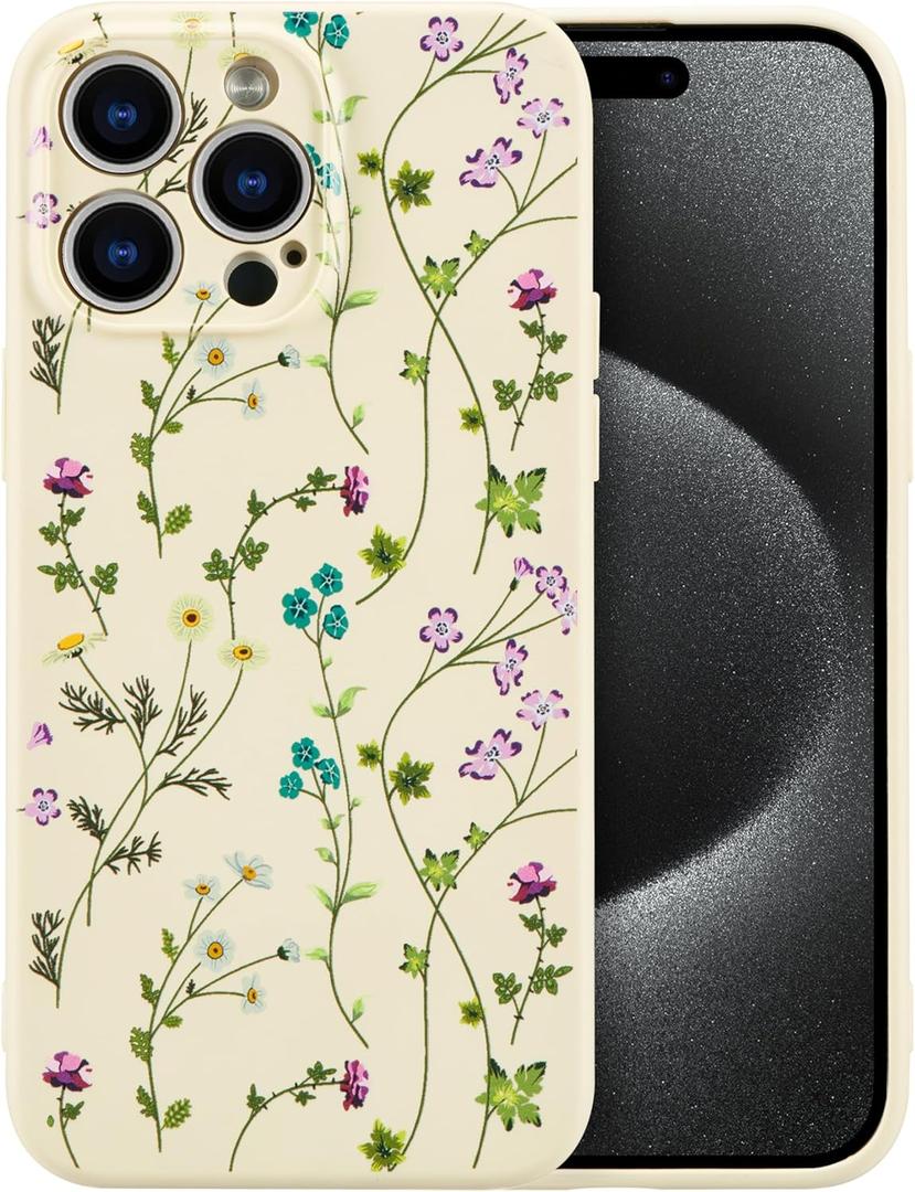 RALEAVO Floral Case for iPhone 15 Pro Max,Liquid Silicone Cover with Cute Flower Branch Pattern for Girls Women Slim Soft Rubber Protective Phone Case for iPhone 15 Pro Max (6.7"),Beige