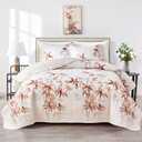 Botanical Quilt Set 3 Pieces King, Burnt Orange Leaves on White Design Reversible Bedspread Coverlet Set, Soft Microfiber Lightweight Bed Cover for All Season (102" x 90", 1 Quilt+ 2 Pillow Shams)