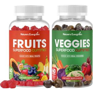Fruits and Veggies Superfood Gummies Supplement - Fruits and Vegetables Gummy - Nature Vitamins Nutritional Balance, Vegan, Non-GMO, Gluten-Free - (Total 120 Gummies - Pack of 2) Made in USA