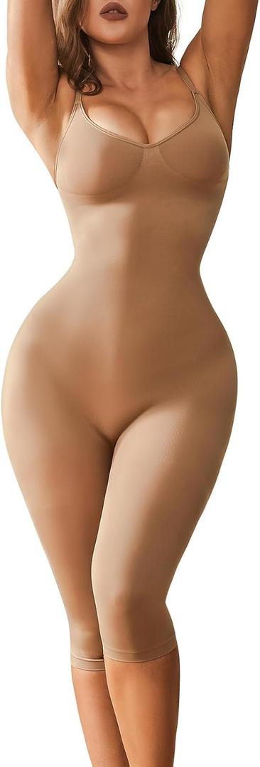 Tummy Control Bodysuits Full Body Suit Shapewear One Piece Capri Jumpsuits for Women (Medium, Sienna)