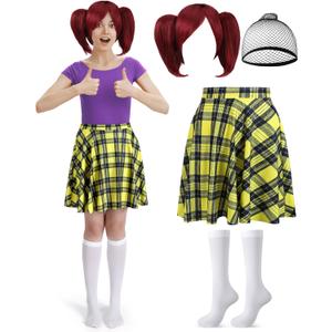 3 Pcs Women Cartoon Costume Red Ponytails Wig Yellow Plaid Skirt White Stocking for Girls Women Halloween Cosplay (Large)