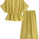 Mingzhu Women's 2 Piece Linen Outfits Short Sleeve Zipper Drawstring Waist Safari Shirts Wide Leg Pants With Pockets (Yellow), XL