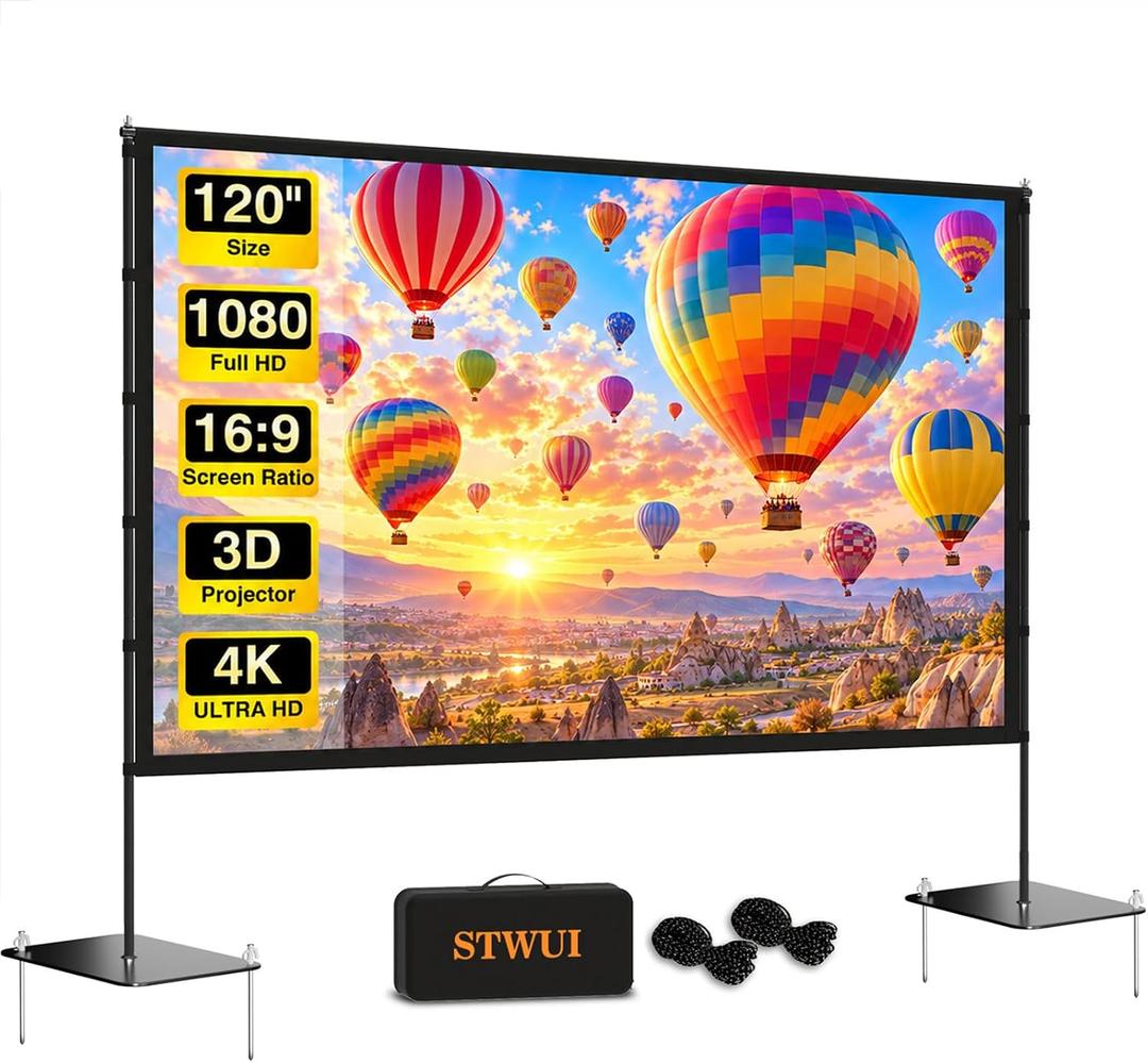 Outdoor Projector Screen with Stand featuring a Stake-Down Base-120 Inch 16:9 4K HD Portable Projector Screen Indoor Outdoor Movie Screen Lightweight Projection Screen with Carry Bag for Home,Backyard