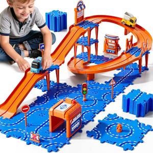 Toddler Puzzle Race Cars Track Toys for Kids Age 3-5 2-4 Years, 59PCS Puzzles Car Track Set Includes 2 Cars and Road Signs, Educational Birthday Gifts for Kids, Boys and Girls